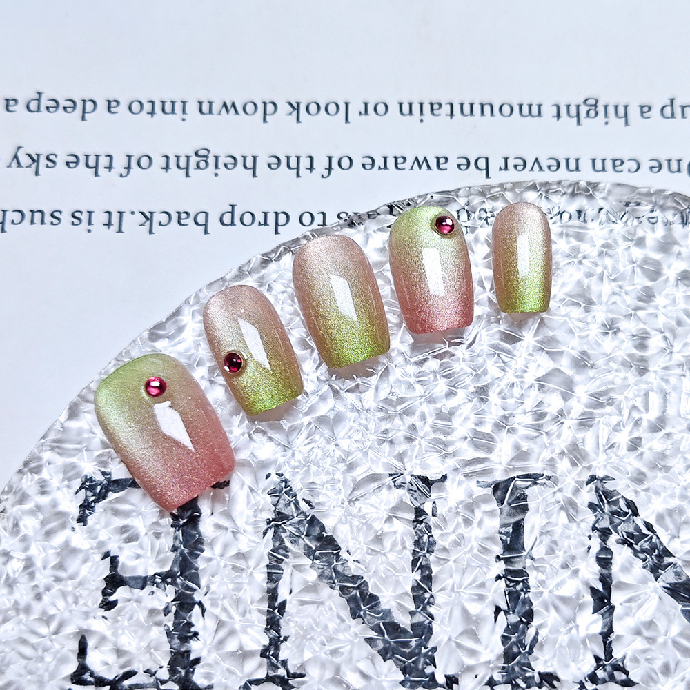 Exquisito parche de uñas con incrustaciones de diamantes, uñas cortas de brillo de ensueño, 10 piezas, uñas de uñas de ojos de gato de código dividido