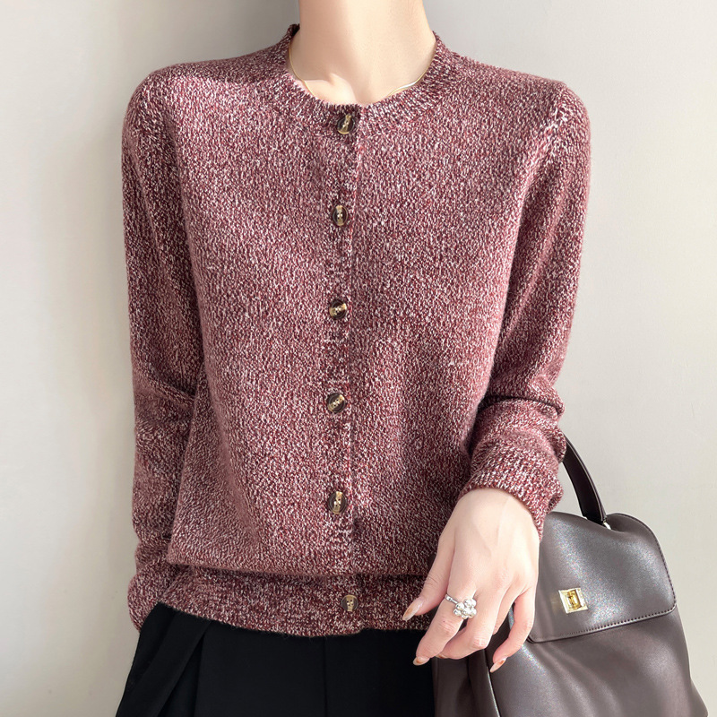 Spring 2025 New Retro Style Andy Velvet Crewneck Knitted Cardigan Florescent Yarn Loose All-match Top Coat Women