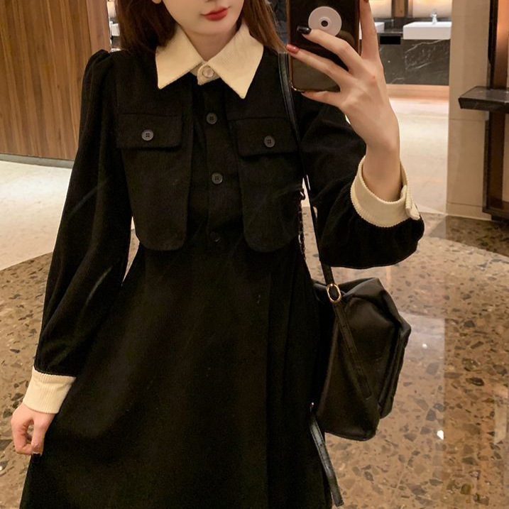 早秋季裙子2025年新款黑色法式连衣裙女春秋装内搭假两件收腰长裙|undefined