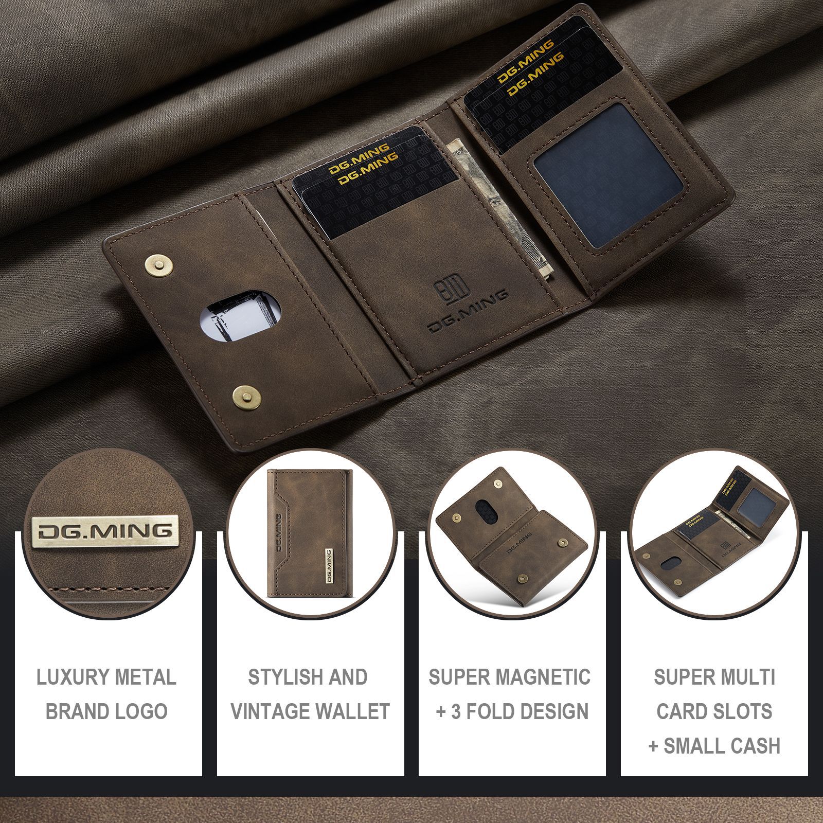 DG.MING Marrón Tapón de tres pliegues Tapón Tapón Tapón de PU retro de alta gama Estuche de cuero Tapón magnético multifuncional Tapón pequeño Tapón