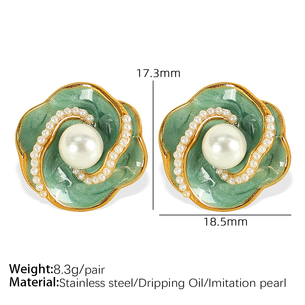 EH661 White Pearl Green Oil Gold Earrings