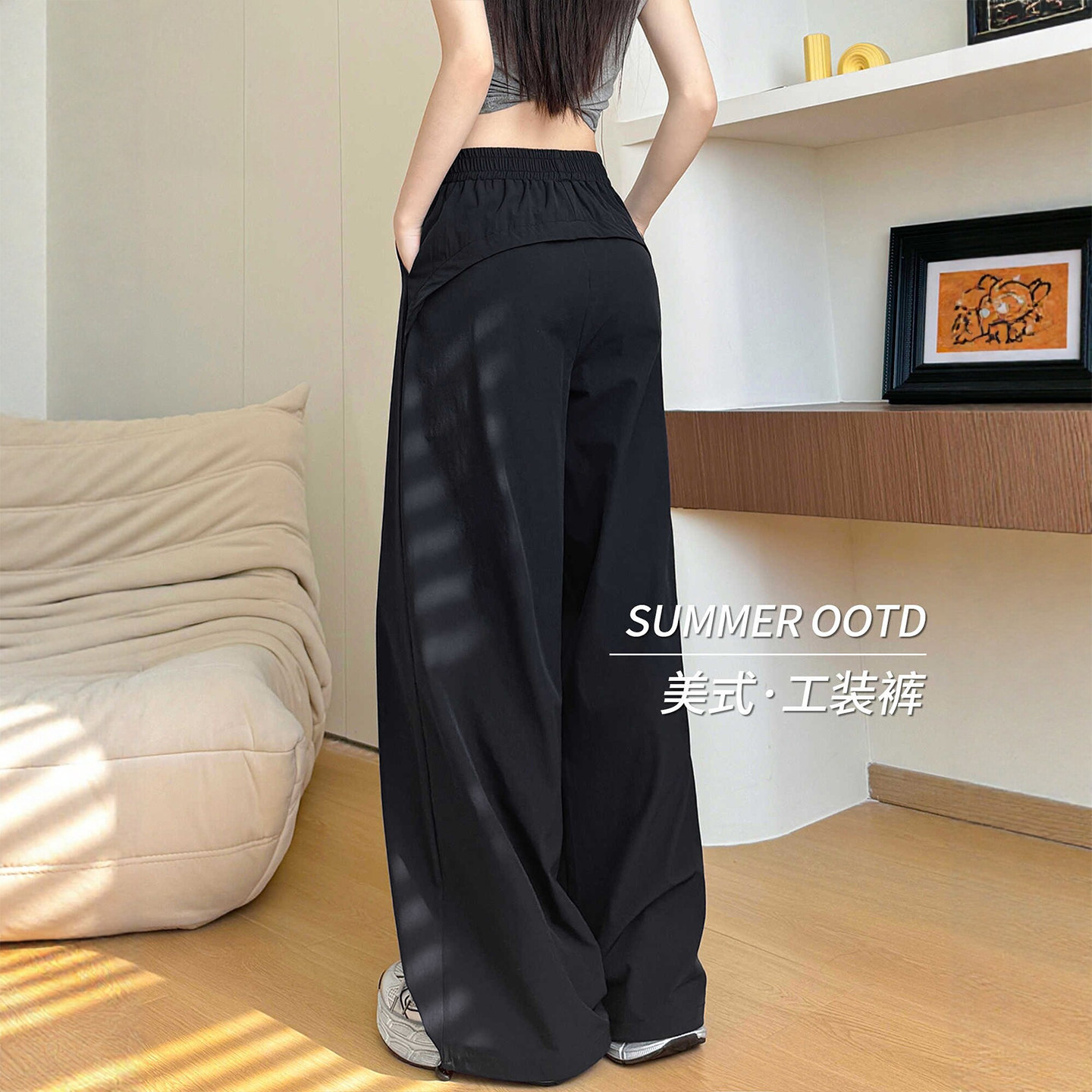 黑色美式运动裤女2026新款春季薄款速干工装裤小个子直筒休闲卫裤