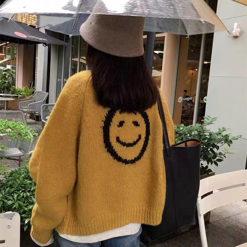 Korean Style Round Neck Embroidered Smiley Face Sweater Cardigan 2025 Autumn and Winter New Design Fashionable Versatile Jacket Top