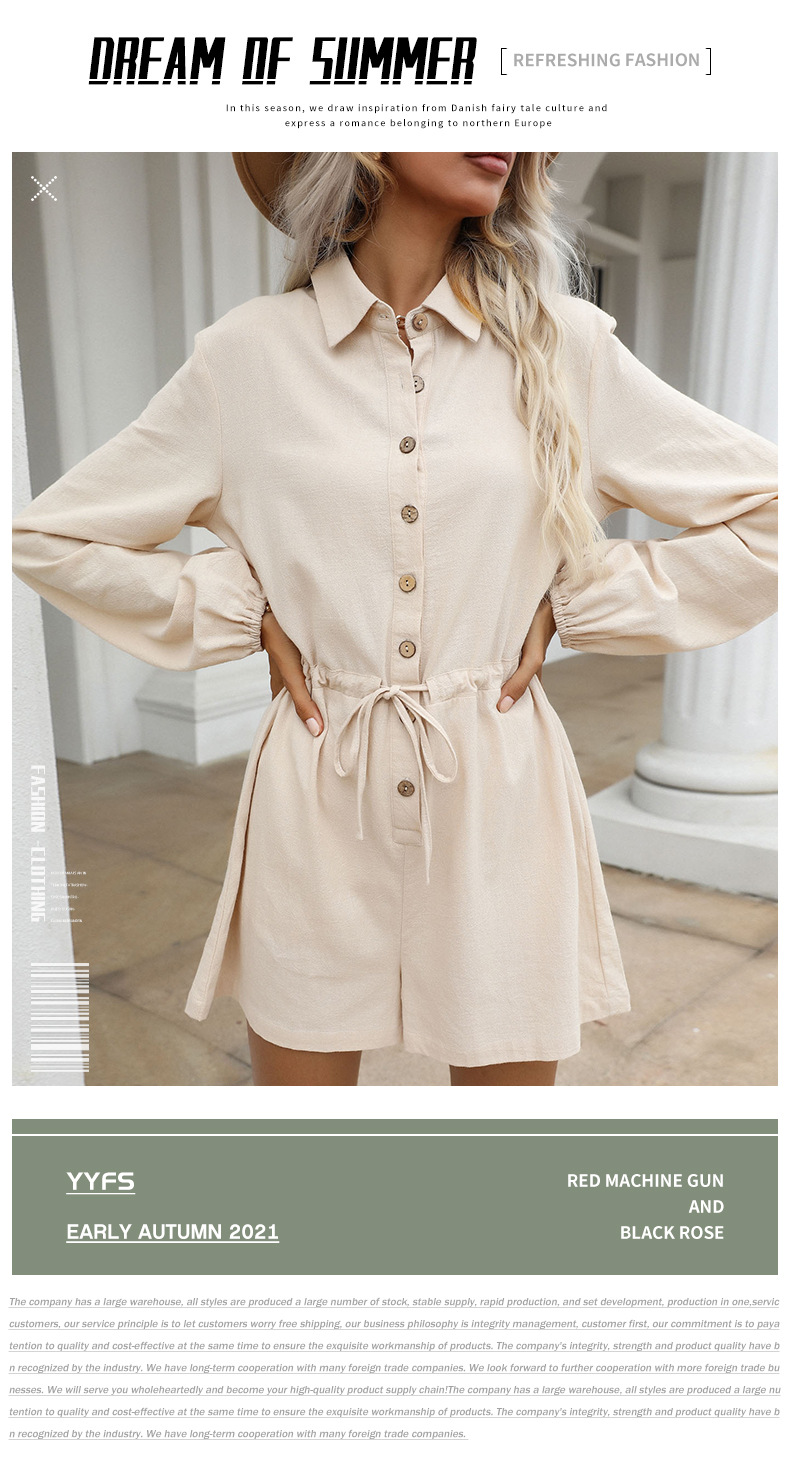 Solid Color Lapel Drawstring Wide-leg Shorts Jumpsuit_voghion.com