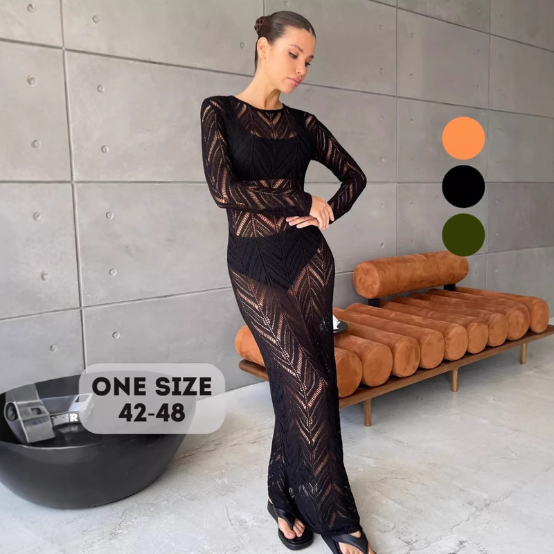 Cross-border Amazon 2025 Spring and Summer New Wave Pattern Slim-fit Long-sleeved Knitted Vacation Blouse Round Neck Hollow Long Dress