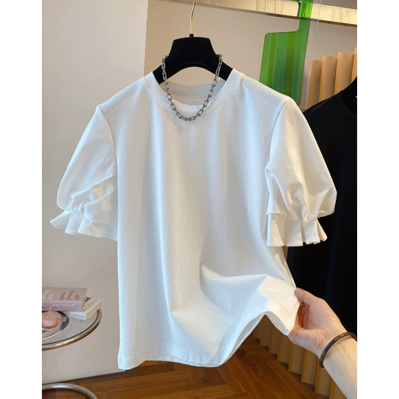 Уникальная женская футболка с пышными рукавами в японском и корейском стиле для миниатюрных женщин, свободная хлопковая рубашка с короткими рукавами, топ