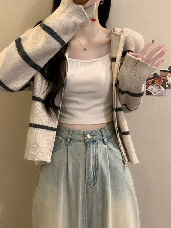 拉链连帽条纹撞色毛衣外套女2025秋冬新款休闲百搭慵懒风针织开衫|undefined