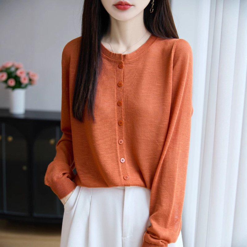 2025年夏季新款竹节麻圆领针织开衫长袖女纯色薄款宽松百搭防晒衫|undefined