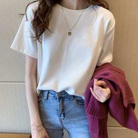 白色短袖t恤女2021春夏新款韩版宽松显瘦半袖体恤圆领上衣打底衫