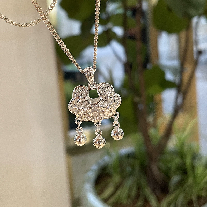 Children's pendant, necklace, gift box, thin weaving, silver 999 sample, longevity lock, silver lock