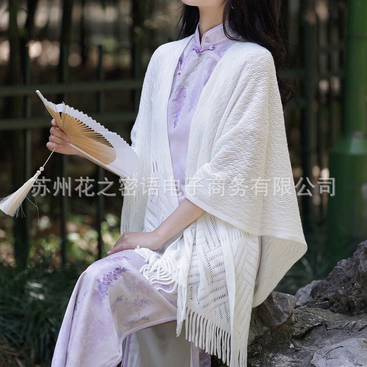 New Style Cheongsam Outerwear for Spring and Summer, Artistic Hollow-Out Elegant White Fresh Tassel Shawl Cardigan Cape Scarf