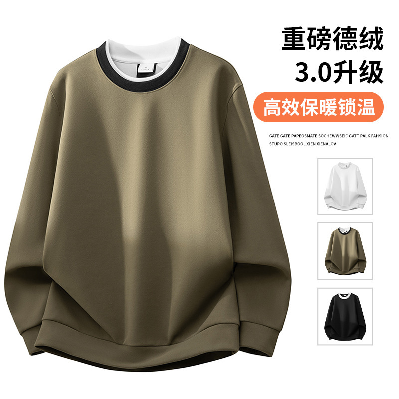 New Autumn and Winter Men's Velvet Loose Sports Trendy Anti-Wrinkle High-End Round Neck Fake Two-Piece Sweatshirt Fashionable and Simple New Autumn and Winter Men's Velvet Loose Sports Trendy Anti-Wrinkle High-End Round Neck Fake Two-Piece Sweatshirt Fashionable and Simple