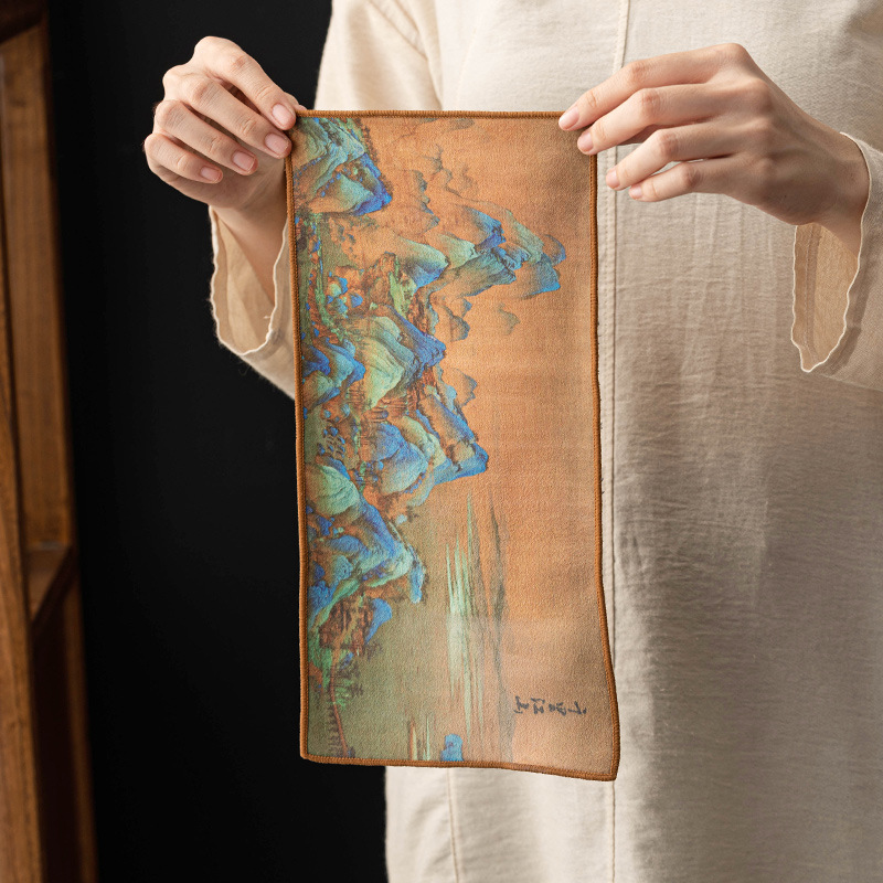 Thick and Absorbent High-End Tea Cloth, Chinese Tea Ceremony Tea Table Cover, Zen Style Thousand Li River Landscape Towel, Tea Cloth