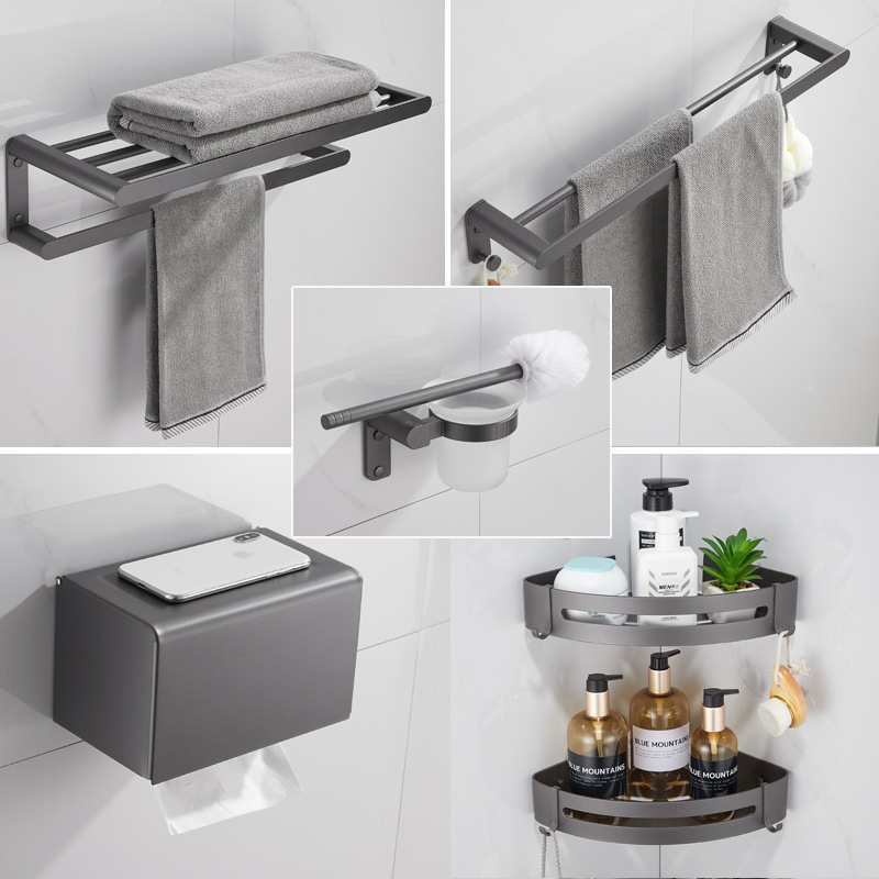 Rack de toallas grises de pistola sin perforación Rack de toallas de baño Rack de artículos de baño de pared Baño de baño Ingeniería de accesorios de baño