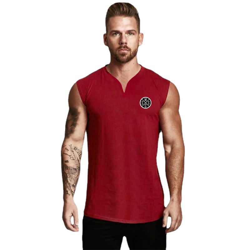 Moda europea y americana pequeño cuello en V chaleco deportivo hombres verano culturismo fitness camiseta sin mangas correr entrenamiento apretado superior algodón image 6