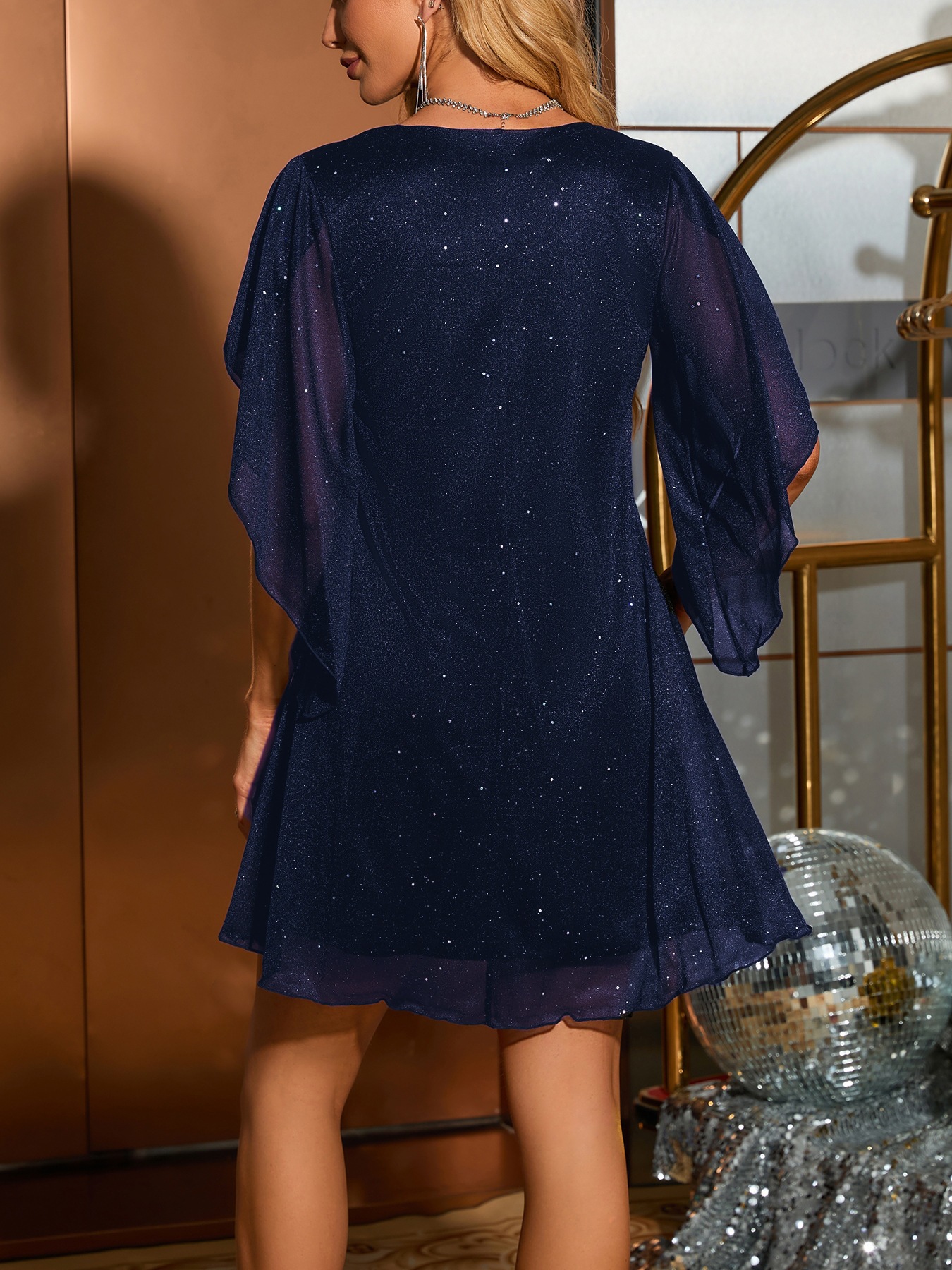 Women's Clothing Elegant Women's Gold Foil Dress V Neck Five Sleeve Spring Summer Holiday Party Style For Formal & Casual For Women_ecoleips.com