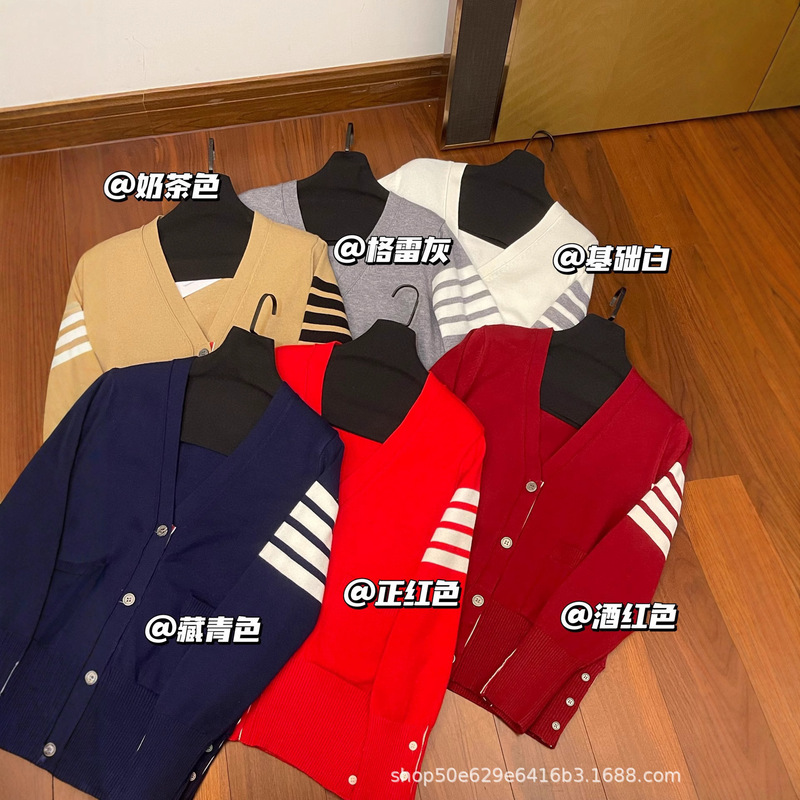 Autumn and Winter Tb Classic Four-Stripe Knit Cardigan Women's Casual Versatile V-Neck Slim Long-Sleeve Top Jacket Trendy Brand