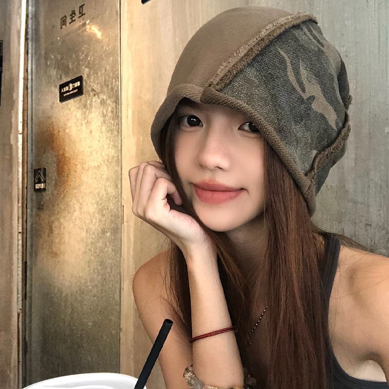 韩版卷边迷彩堆堆帽女早秋遮阳大头围显脸小辣妹包头帽月子帽冷帽|undefined