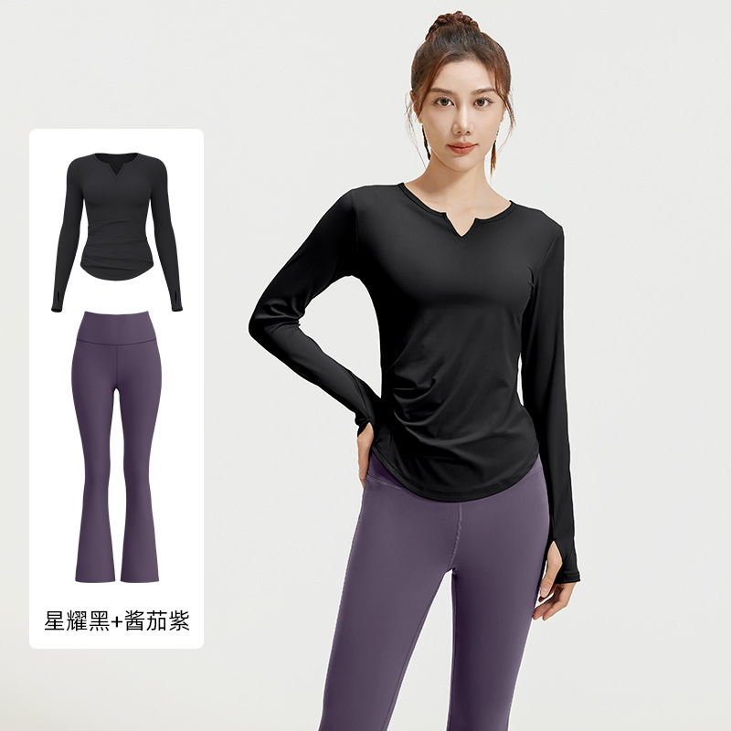 Juyitang otoño traje de yoga con cuello en v pliegues nude delgado delgado delgado traje de fitness largo mujeres