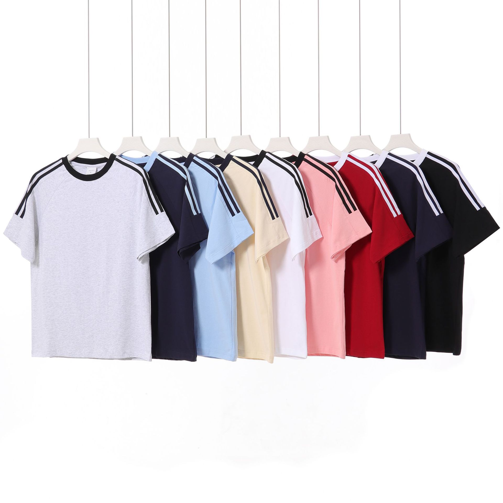 2024 Nouveau Américain pur coton 250g double fil trois barres goutte épaule manches courtes T-shirt hommes marque de mode casual sport top