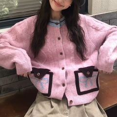 蝴蝶结麻花毛衣撞色开衫女秋冬2025新款复古软糯慵懒风针织外套潮