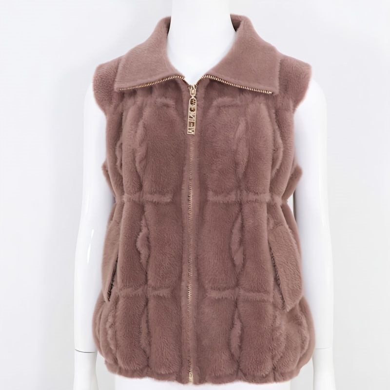Scissors Stone Middle-Aged and Elderly Women's Autumn and Winter Faux Mink Fleece Vest, Collared Coat, Mother's Sweater, Thickened Zipper