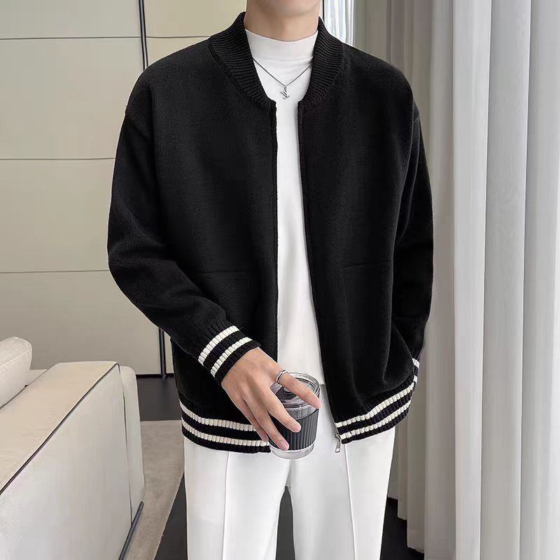 Maglione casual ampio alla moda autunnale e invernale, semplice cardigan lavorato a maglia con cerniera e cuciture a righe_voghion.com