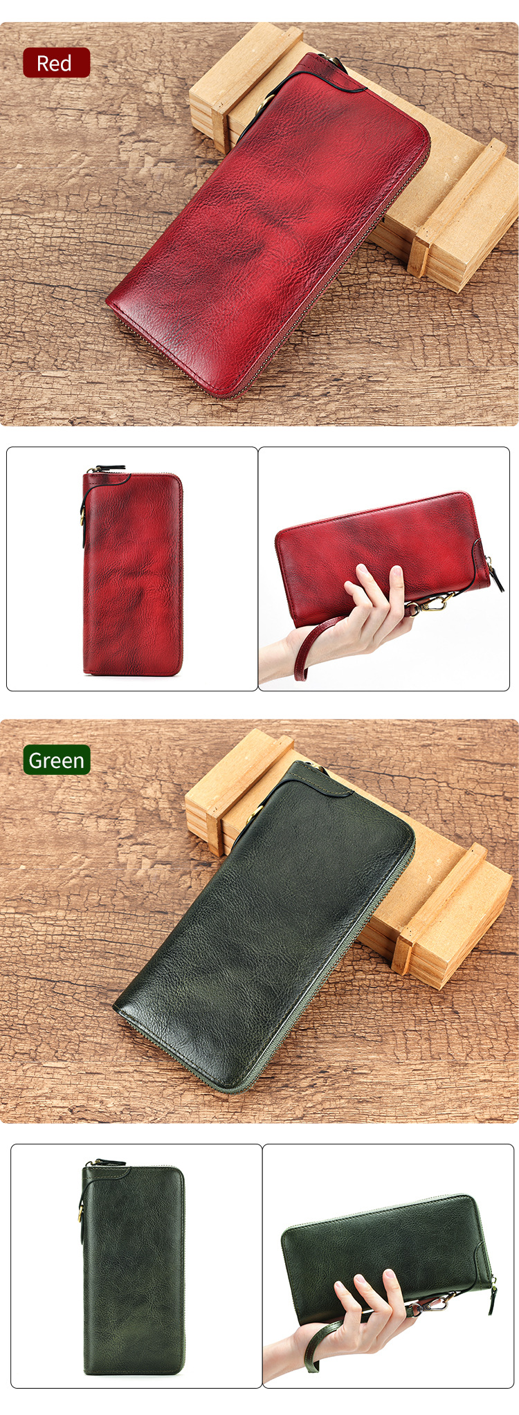 Ví da bò dài cổ điển nhiều ngăn thẻ chống từ RFID — màu đỏ, màu xanh, màu xanh lá cây, nâu chi tiết 7