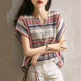 欧货2026夏装新款条纹衬衫女士韩版短袖宽松休闲衬衣打底小衫上衣
