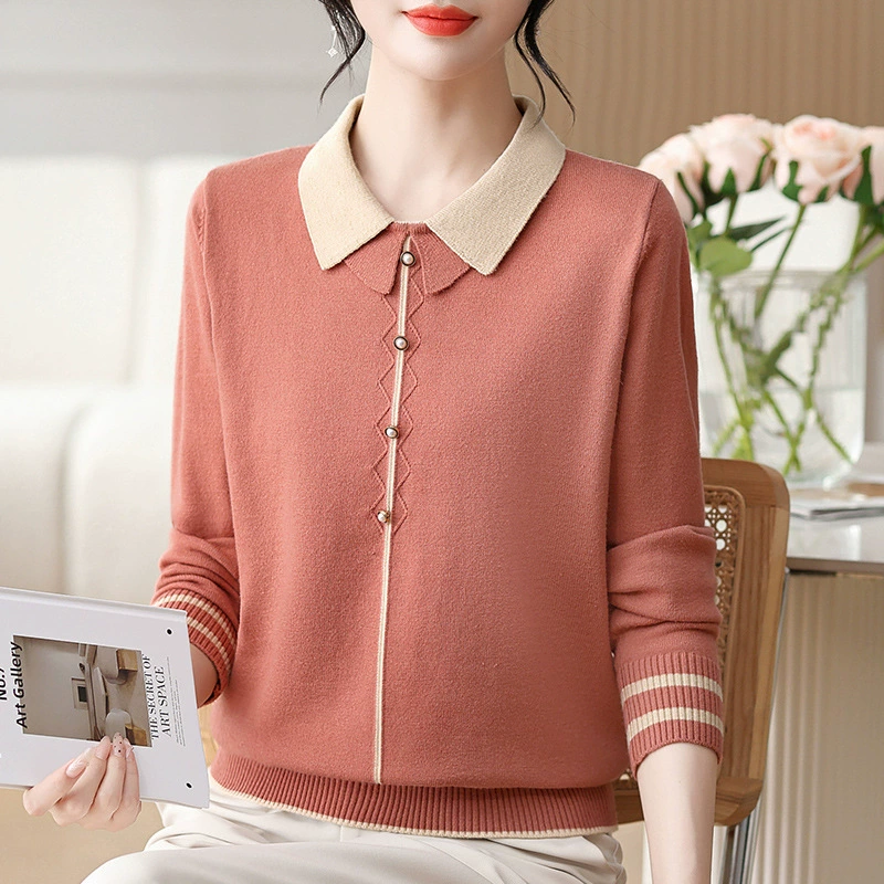 Мама средних лет осенняя трикотажная рубашка весна и осень лацканы мода средний и пожилой женский свитер с длинными рукавами