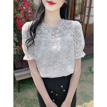 2024夏设计感时尚韩版新款灯笼袖蕾丝衬衫女法式短袖上衣女