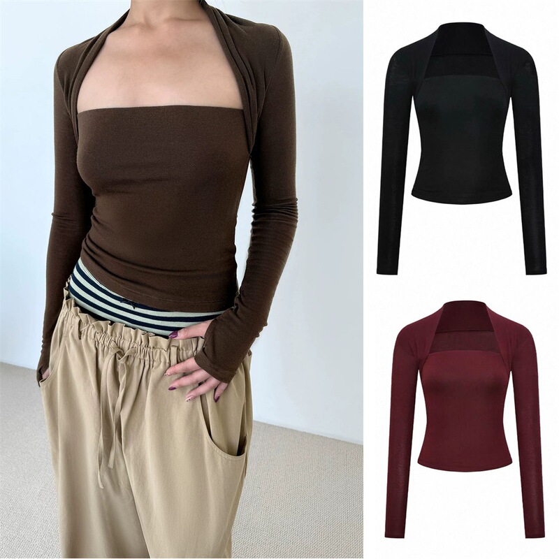 Lyocell Sheep Wool Fake Two-Piece Sleeve Knitted Top for Women Black/Burgundy/Coffee/Navy Blue