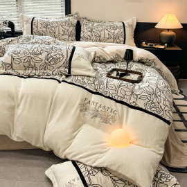 2025新款立体雕花加厚牛奶绒刺绣拼接婴儿绒提花轻奢四件套