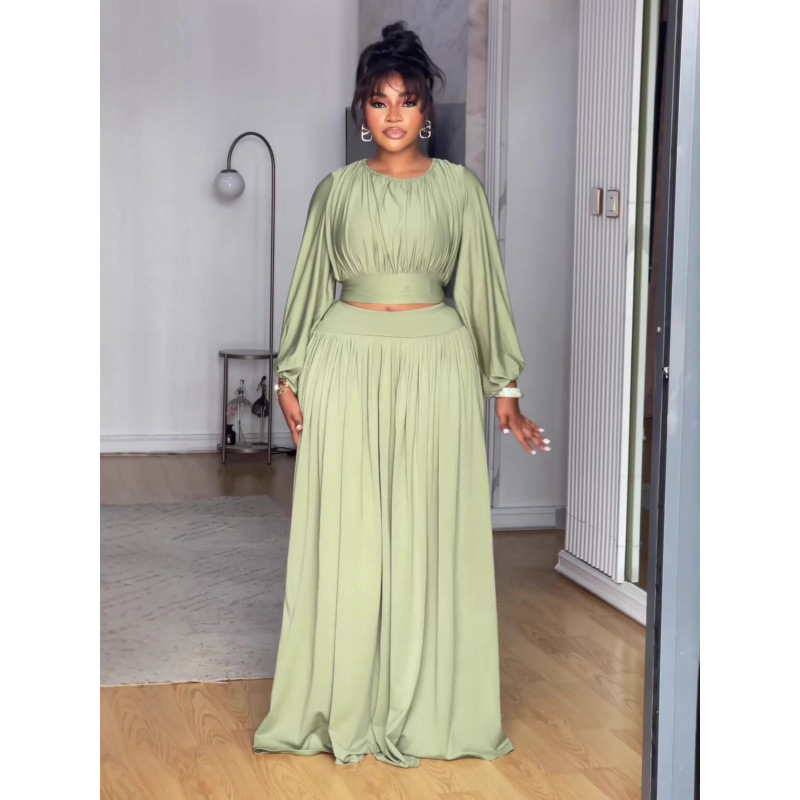 2025 Autumn New European and American Style Solid Color Round Neck Long Sleeve Top Elastic Waist Flared Skirt Set