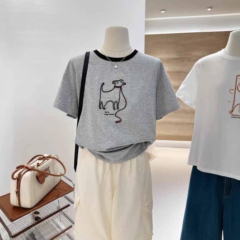 Oversize 120.00kg Summer Cartoon Embroidered Puppy Loose Age-reducing Short-sleeved Base-layer T-shirt Women's Top