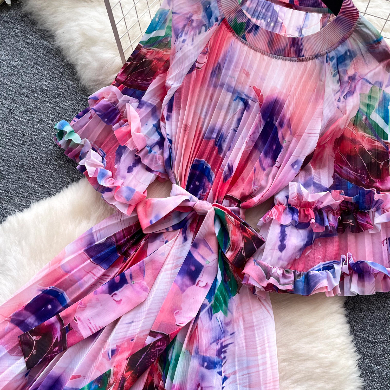 Floral Print Puff Sleeve Dress Women's Korean Style Retro Court Long Fairy Like Ruffled Tie Waist Dress_ecoleips.com