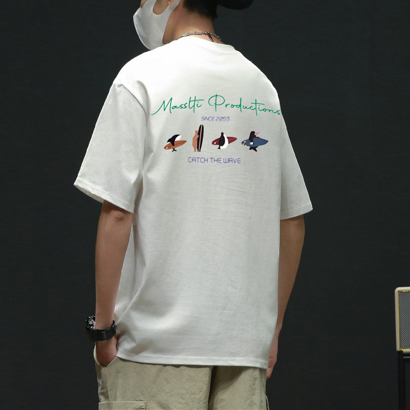 Japanese Retro Fun Surf Playful Print Short-Sleeve Men's Trendy Loose Casual Simple Couple Half-Sleeve Top Summer