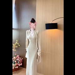 秋季新款挂脖气质收腰长裙打底连衣裙长袖外套（无胸垫）其他无袖