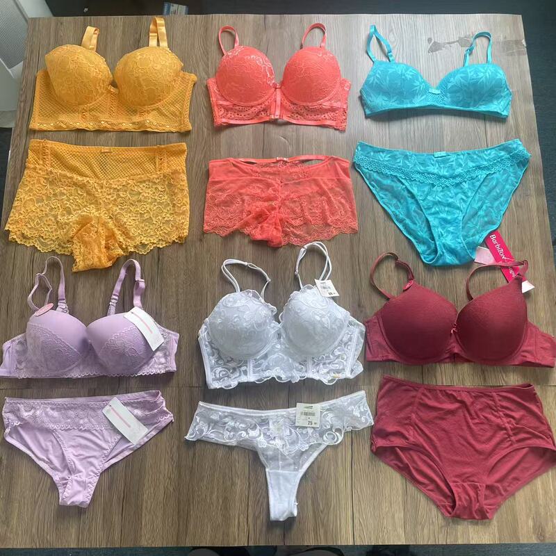 Knitted Lace Bra Set Stock Clearance European and American Single Mixed Thin Cup 32-46 Women's Intimates Set
