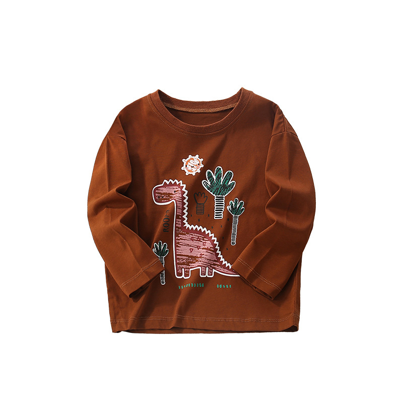 Camiseta para niños de manga larga nueva 2023 tops de ropa para niños europeos y americanos con estampado de dibujos animados de dinosaurios y camisa de fondo de algodón puro