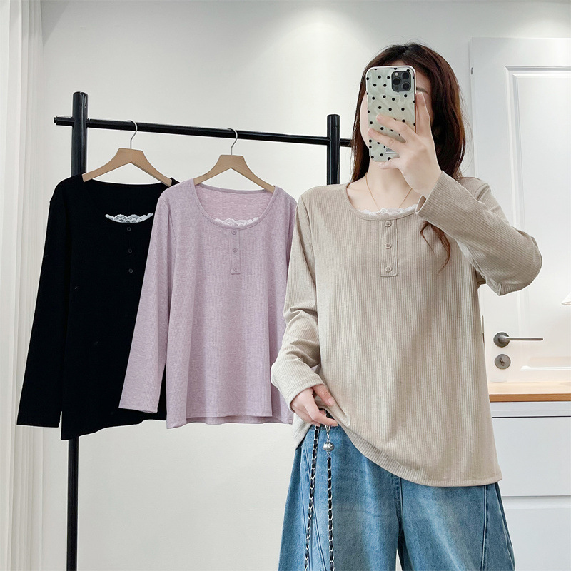 Plus Size Bottoming Shirt Long-Sleeved Lace Round Neck Women's 2025 Autumn Casual Shirt Fat mm Top Versatile T-Shirt 6696