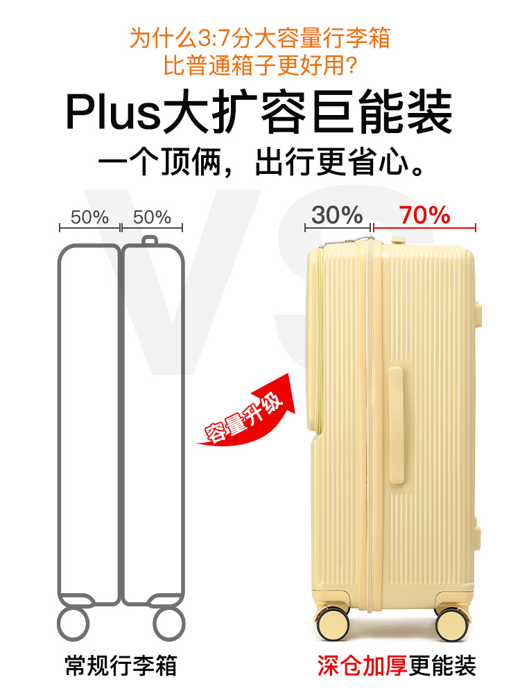 Maleta multifuncional de apertura delantera, maleta de tracción femenina, caja de contraseña de viaje de 26 pulgadas resistente y duradera.