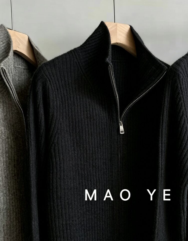 Áo khoác cardigan len lông cừu nguyên chất dài tay cổ bán cao, khóa kéo đôi, sọc gân dọc tôn dáng — Màu cà phê, Màu tự nhiên, màu đen chi tiết 17