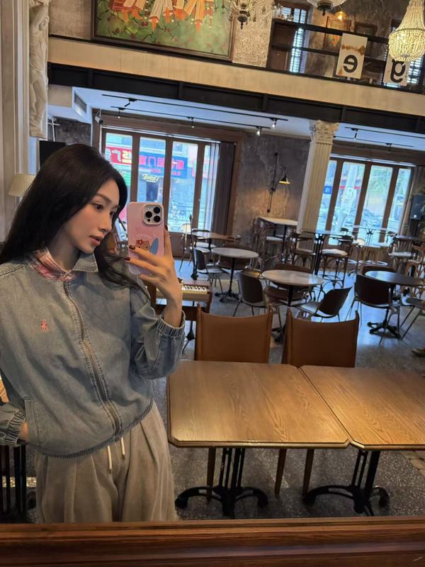 高品质~2025秋冬复古蓝色翻领拉链外套小马刺绣百搭牛仔上衣女|undefined