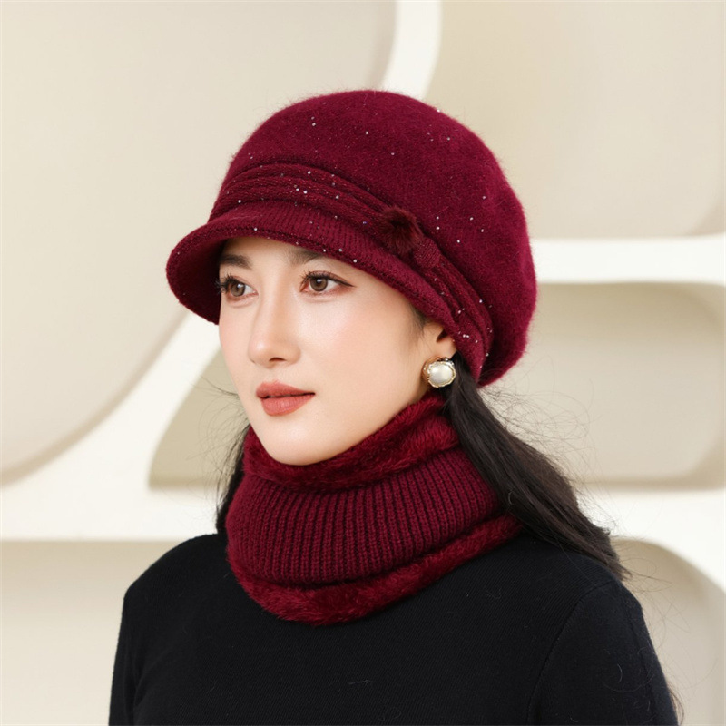 2025秋冬妈妈户外出行防寒针织帽可护脖保暖套装亮片兔毛鸭舌帽