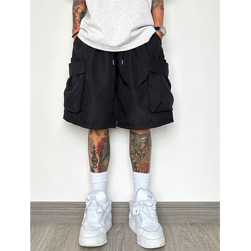 American-Style Functional Black Work Shorts for Men, Summer Thin Loose Trendy Sports Five-Point Pants, Casual Mid-Length Pants