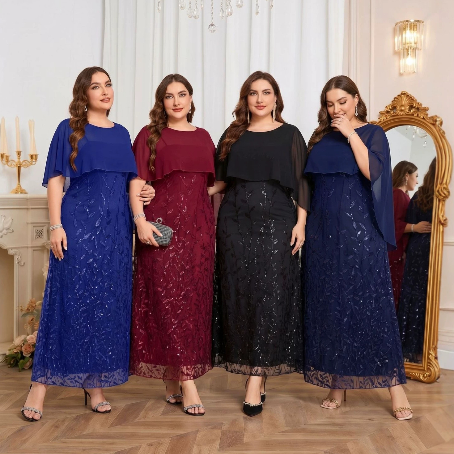 Cross-Border Plus-Size Women's Clothing, European and American Style Round Neck Two-Piece Set, Sequined Elegant Bridesmaid Dress for Plus-Size Women, Slim-Fit Dress