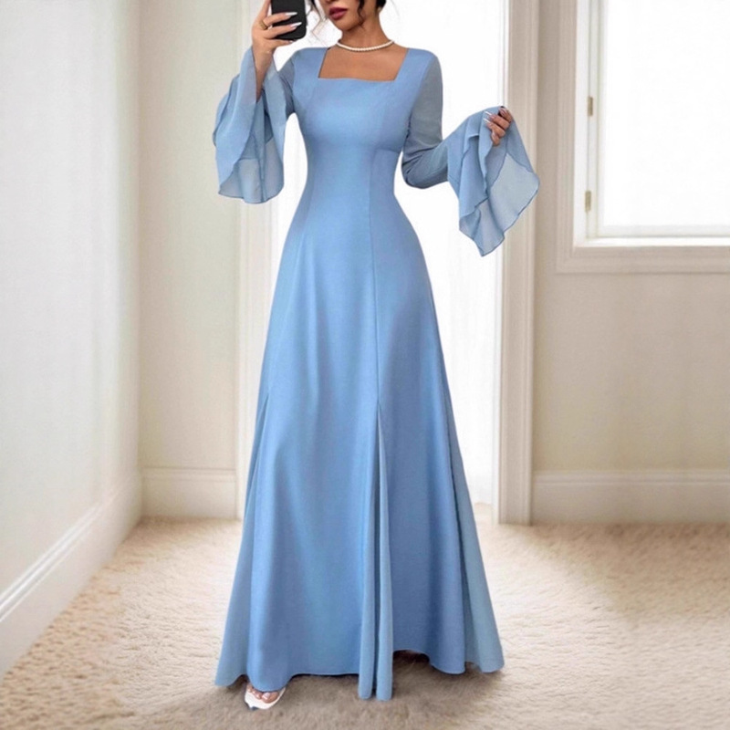 Cross-Border Amazon Gentle Wind Chiffon Dress Ruffled Long-Sleeved Slim Long Dress Banquet Elegant Ladies Dress Cross-Border Amazon Gentle Wind Chiffon Dress Ruffled Long-Sleeved Slim Long Dress Banquet Elegant Ladies Dress