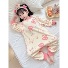儿童连体长袖纯棉睡衣儿童女孩家居服女童宝宝护肚卡通家居服爬服