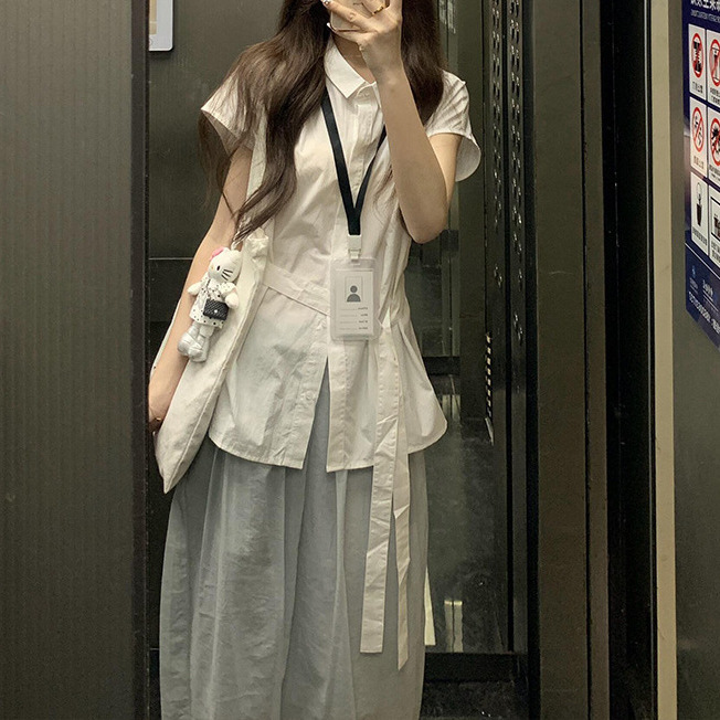 Korean Style Polo Collar Strap White Short-Sleeved Shirt for Women in Summer, Waist Slimming Look Design, Simple and Versatile Top